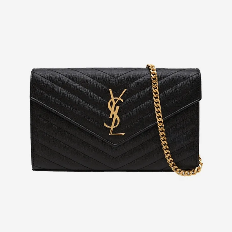 Yves Saint LaurentYSL圣罗兰杨树林女包Monogram信封woc黑色鱼子酱链条包单肩斜挎包 金扣金链中号22.5*14*4 现货